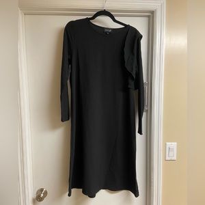 Black Asymmetrical Shoulder Ruffle Long Sleeve Midi Reis Dress | WUKOgals